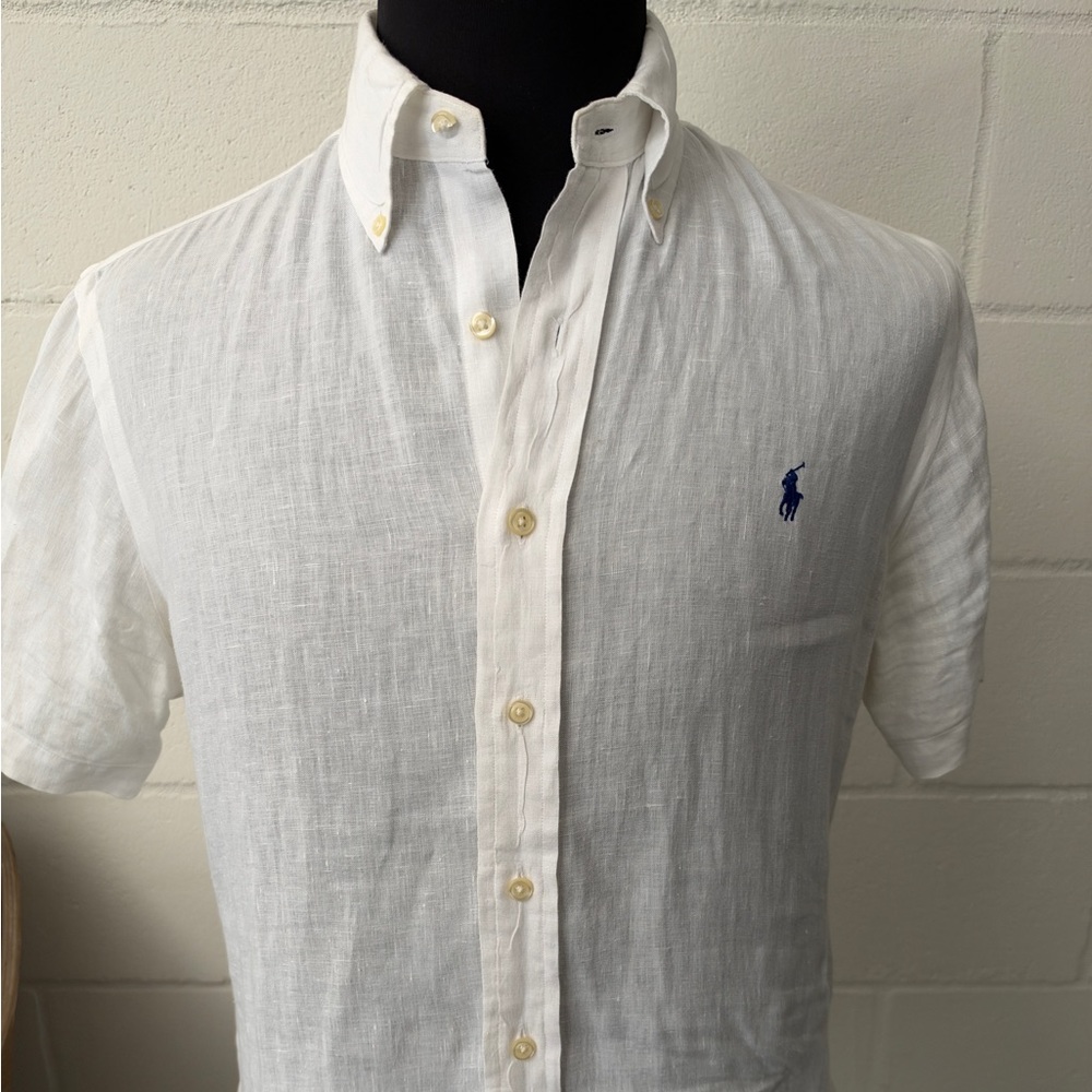 Ralph Lauren White Linen Button-Down Shirt with Navy Pony